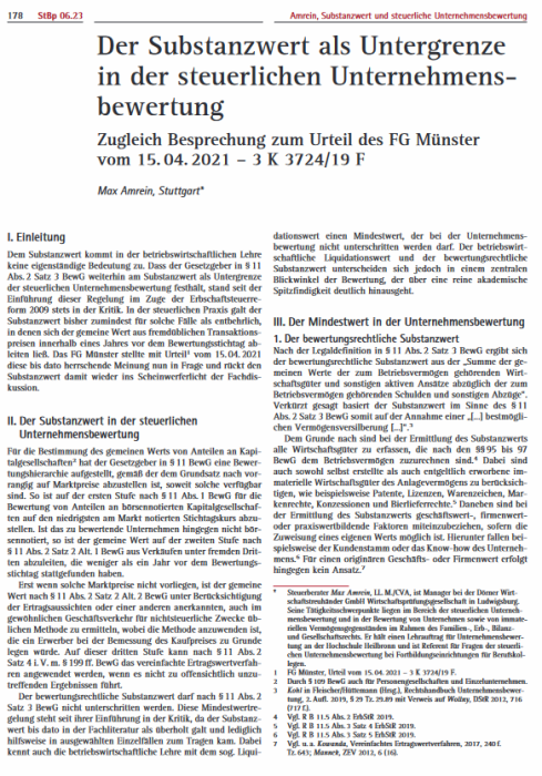 Der Substanzwert als Untergrenze in der steuerlichen Unternehmensbewertung